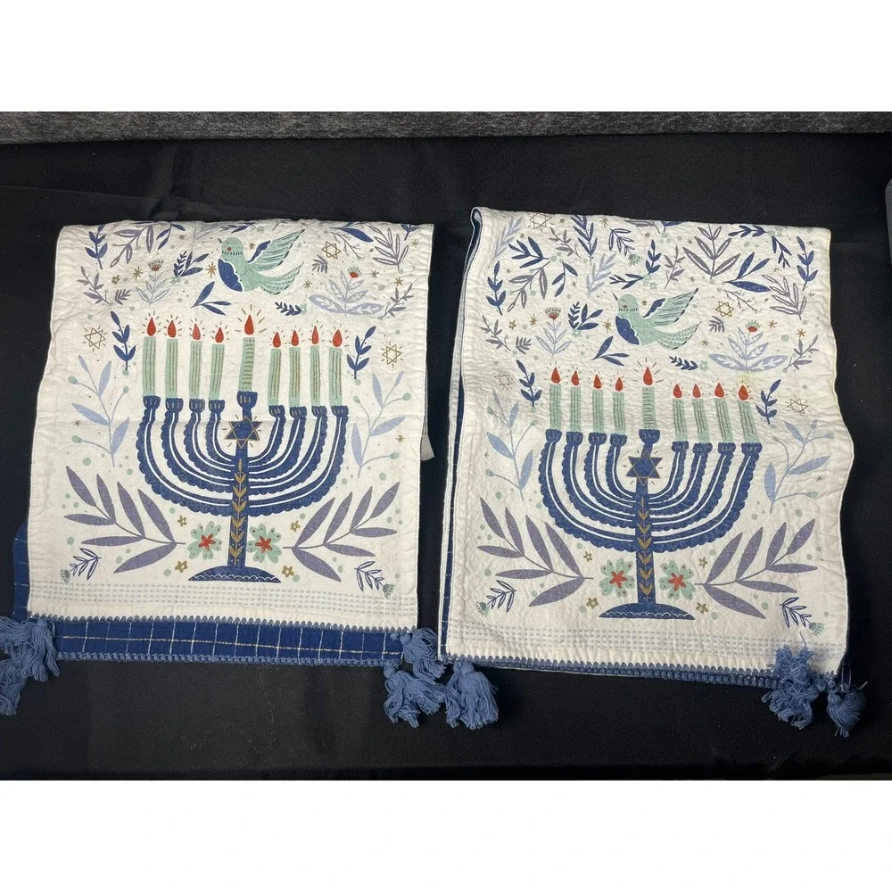 Set of 2 Hanukkah Menorah Quilted Table Runner‎ Reversible Blue Gold Plaid 6ft